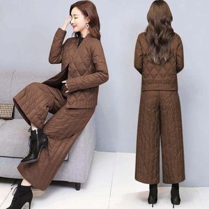 レディースツーピースパンツ冬の茶色の服ファッションダウンジャケットスーツ女性韓国語バージョンライトコットンワイドレッグ2ピースセット