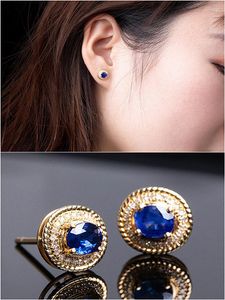 Stud Earrings Oval Blue Crystal Sapphire Gemstones For Women Vintage Fashion 18k Gold Color Jewelry Chic Accessoryies Bijoux