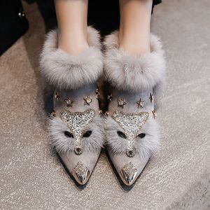 Boot Rabbit Fur Snow Autumn Winter Fashion Ladies Metal Point Toe Shoes Female Plush Thick Heel Ankle High Heels 230109