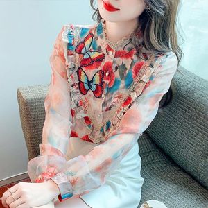 Kvinnors blusar 2023 Autumn Shirts Women's Organza Stand-Up Collar Long Lantern Sleeve Printed tredimensionell broderad lös topp