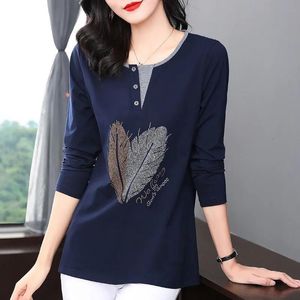 Tshirt femminile Fashion Casual Diamonds finto due pezzi pulsante Cotton Woman Sleeve Long Pullover oversize Pullover tops Ladies Tunic 230110