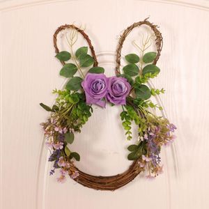 Flores decorativas Wreath Wreath Home Casa ao ar livre Decoração de parede Rosa roxa e folhas verdes Artificial para frente