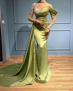 Evening Green Mermaid Dresses Wear High Neck Crystal Beads Long Sleeves Illusion Prom Gowns Sheer Formal Party Dress