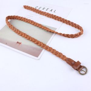 Bälten Kvinnor Cowhide Weave Belt Fashion Braid For Dress Jeans Ladies Pu Round Pin Buckle Vintage Kvinnlig midjeband