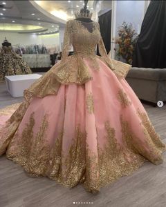 Rose Gold Pink Long Sleeve Princess Quinceanera Dresses Ruffles Cathedral Train Gillter Lace-up Corset vestido prom quinceanera 2023