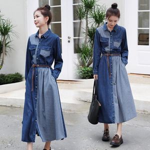 Casual Dresses Herbst Frühling Frauen Turn-Down-Kragen Single Button Patchwork Gestreifte Schärpen Slim Jeans für Frauen Denim Einteiler