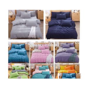 Zestawy pościeli Hurtowa moda 4PCS Solidny kolor pojedynczy/podwójny/podwójny/fl/queen size łóżko kołdra/kołdra er Zestaw niebieski szary żółty różowy zielony dhey3