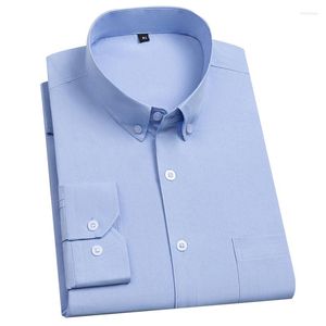 Camisas de vestido masculinas Anti-Wrinkle Cuidado Easidade Men fino Camisa de manga comprida macho sólido masculino de tamanho normal listra corporal branca azul