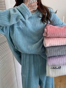 Women's Sleepwear Pajamas Set Women Winter Flannel Plus Velvet Thick Warm Pants Casual Cute Home Wear Coral Fleece Pjs Suit Bedroom