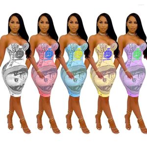 Fritidsklänningar Sexiga Ärmlösa Pengar Miniklänning Party Club Wear Us Dollar Printed Bodycon Off Shoulder Solklänningar Damkläder 2023