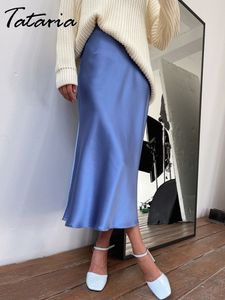 Röcke Tataria Seidensatin für Damen, hohe Taille, A-Linie, elegant, Sommer, Rosa, Midi, koreanischer Stil 230110