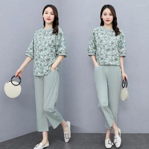 Women's Two Piece Pants Set Cotton Linen Women 2023Summer Suit Plus Size Jacket 2PCS Ethnic Style Two-Piece Female Half Sleeve Top Outfit