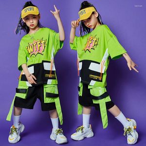 Scena noszona ubrania dla dzieci Hip Hop luźne zielone topy spodnie krótkie rękawie hip-hop garnitur dziewczęce chłopięce stroje taneczne uliczne
