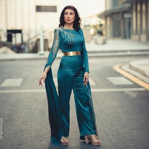 Fashion Jumpsuit aftonklänningar applicerade muslimska promklänningar långa ärmar bateau halsringning satin plus storlek arabisk formell klänning