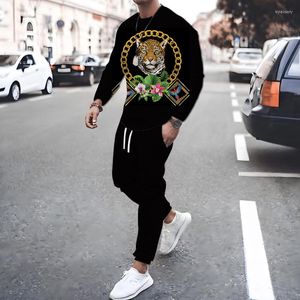 Tracki męskie Fall Męskie T -THIRT THIRT Black Leopard Graphic 3D Print Street Fashion Sportswear