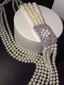 Kedjor! 4ROWS FRESCHATE Pearl White Near Round Necklace 7-8mm 35-40-tums grossistpärlor FPPJ