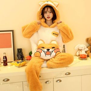 Women's Sleepwear Cute Pajamas Set 2 Pieces Women Warm Winter Thick Coral Fleece Hooded Cartoon Girls Homewear Animal Nighties