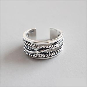 Silver Genuine Sier Jewelry 925 Sterling Mtilayer Wrap Twist Vintage Open Ring For Women Men Retro Adjustable Statement Drop Delivery Dh4Yp