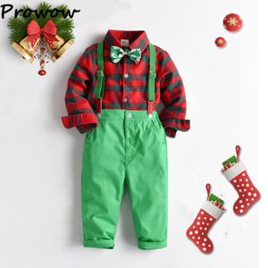 Kleidungssets Prowow Kinder Weihnachtskleidung für Jungen Rot kariertes T-ShirtHosenträger Grüne Hosen Weihnachten Kinder Outifts Jahr Kleinkind Kostüm 230110