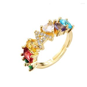 Anéis de casamento 2023 Copper Colorful Zircon Letter Gold for Women Korean Jewelry Girls Gift Deding Luxury Set Micro Pave Ajuste Anel Ajustável