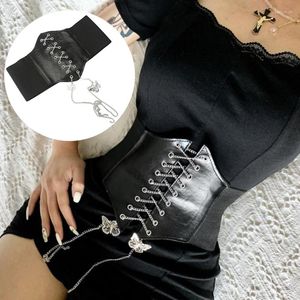Bälten kvinnor korsett punk svart brett bälte med fjäril tassel pu läder snörning sylt kropp midja för kvinnlig