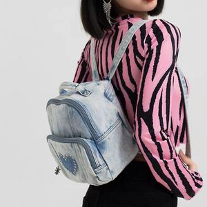 School Bags Trendy Quilted Denim Love Rhinestones Women Backpack Brand Designer Padded Ladies Travel Bagpack Blue Girls Summer