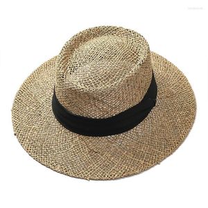Chapéus largos de aba senhoras tecer talha salgado chapéu de palha redonda redonda côncavo malha de praia grama mar de praia com banda
