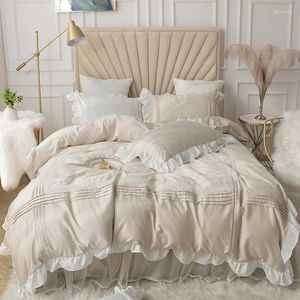 Bettwäsche-Sets Europa Prinzessin Baumwolle Einfarbig Spitze Tagesdecke Beige Rüschen Bettbezug Bett Rock Leinen Hochzeit Heimtextilien