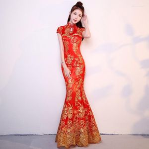 Abbigliamento etnico Azzurro Festa di nozze Vestito da donna Stile cinese Elegante banchetto Lungo Qipao Orientale femminile Slim Prom Cheongsam Vestido