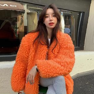 Women's Fur & Faux Rimocy Orange Coats Women 2023 Autumn Winter Open Stitch Warm Fluffy Jacket Woman Korean Style Loose Outerwear Female