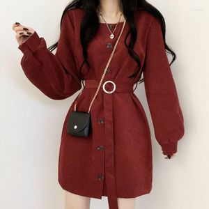 Casual Dresses Retro Women Dress Spring Long Sleeves Loose Square Collar Sexy Office Jeans Vintage Button Ladies Lace-up Robe T621