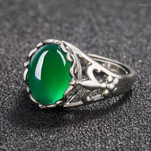 Klusterringar 925 silver simulering grön agat inlagd chalcedony crystal ring rubin retro pekfinger justerbara kvinnor utsökta smycken