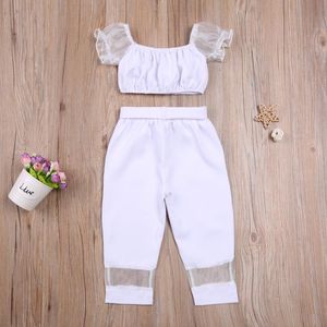 Clothing Sets Kid Toddler Girls Casual Clothes Square Neck Puff Short Sleeve Crop Tops Pockets Long Pant With Belt