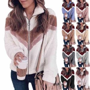 Women's Jackets S-5xL Winter Jacket Thicken Plush Sweater Coat Lady Hit Color Woolen Cardigan Casual Long Sleeve Zipper Coats For Female