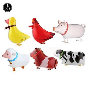 Other Decorative Stickers 6Pcs Walking Farm Animal Balloons Foil Rooste Duck Pig Sheep Cow Helium Toys Theme Birthday Party 230110