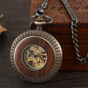 Orologi da taschino Orologio meccanico retrò in legno massello con design circolare Orologio con scheletro vuoto Steampunk Uomo Quadrante romano Orologio con catena a vento a mano