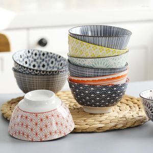 Bowls 4.5 Inch Rice Bowl Ceramic Tableware Support Oven Dishwasher Thread Underglaze Color Home Kids Family Dinner 4pcs