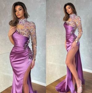 Purple Sheer High Neck Satin Mermaid Prom Dresses Long Sleeves Applique Beaded High Split Formal Party Evening Gowns Dress BC14910