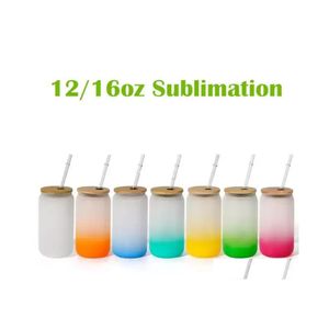 Tumblers 12/16Oz Sublimation Frosted Glass Water Bottle S Glasses Jar Soda St Cup With Bamboo Lid Colored Tumbler Drop Delivery Home Dhys6