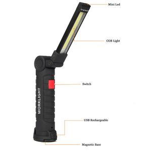 Tragbarer 3 Modus Cob Taschenlampe Fackel USB wiederaufladbare LED -Arbeit leichter Magnetschobhänge Haken Outdoor Camping Notlampe Laternen