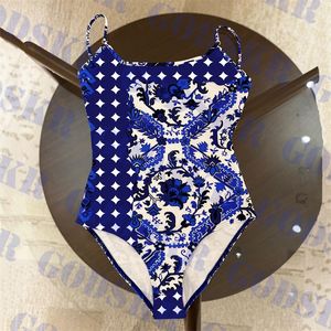 Blå mönster badkläder Jacquard One Piece Swimsuit Womens Sling Bikini Sexig rygglös badkläder