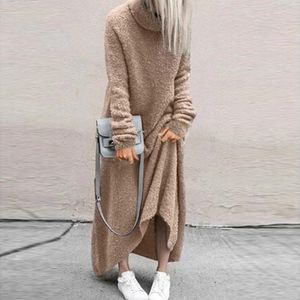 Casual Jurken Herfst Coltrui Lange Mouw Jurk Vrouwen Elegante Wol Dikke Losse Maxi 2023 Winter Mode Solid Party