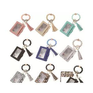 Party Favor Fashion Pu Leather Bracelet Wallet Keychain Tassels Bangle Key Ring Holder Card Bag Sile Beaded Wristlet Keychains Handb Dhfvg