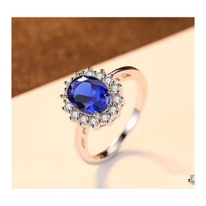 Pierścienie zespołowe stworzone niebieski szafir pierścionka księżniczka korona halo ślub zaręczynowy 925 Sterling Sier dla kobiet 2021 1227 T2 Drop dostawa J Othxo