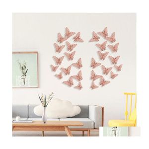 Adesivi murali 12 pezzi / set Adesivo farfalla cava 3D in oro rosa per la decorazione domestica Farfalle Decorazione della stanza Decorazioni per matrimoni per feste Wll993 Dhpbi