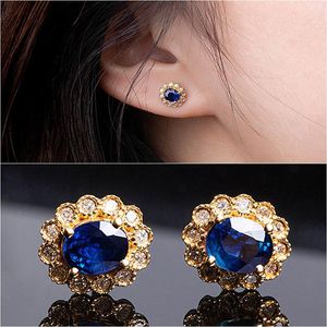 Orecchini per borchie piccoli fiore blu cristallo zaffiro gemstones diamanti per donna ragazza 14k oro color gioielli royal bijoux moda