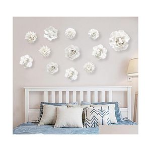 Wall Stickers Modern 3D Ceramic White Flower Sticker Decoration Livingroom Tv Background Hanging Crafts El Mural Accessories Drop De Dhtnb