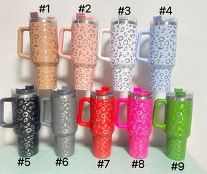 40oz Leopard print Reusable Tumbler with Handle and Straw big capacity beer mug water bottle powder coating outdoor camping cup vacuum insulated drinking cups