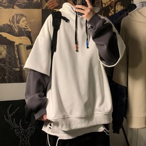 Erkek Hoodies Sweatshirt Hooded Sweatshirts Patchwork sahte iki parçalı kazak üst öğrenci büyük boyutlu kapüşonlu moda cadde hip hop erkek kıyafetleri 230111