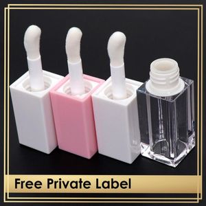Läppglansrör med stor borste/trollstav klar flaska anpassad logotyp grossist tom container förpackning fyrkantig form vit/rosa